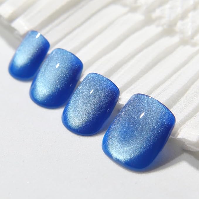 Blue Press on Nails Short Square, Cat Eye Press on Nails, Fashion Gel Fake Nails, Reusable Acrylic Fake Nails, Glossy Stick on Nails for Women Girls Gift, Glue on Nails Kit, Ice Blue, 30Pcs