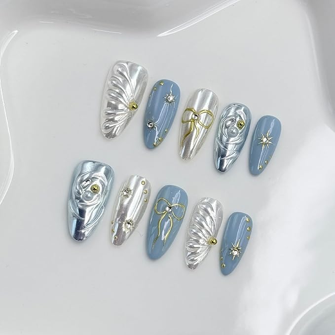Handmade Press on Nails Medium Almond Fake Nails with Glue,Luxury Rhinestone ＆ 5D Bow Art Blue Press ons Muti-Layer Gel Handmade False Nails for Women (Size M)