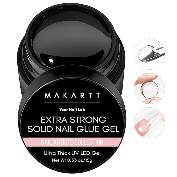 Makartt Solid Gel Adhesive for Press-On Tips – Extra Strong Nail Bonding Kit with Remover & Vitamin E Formula, Includes 5 Wooden Sticks for Easy Removal