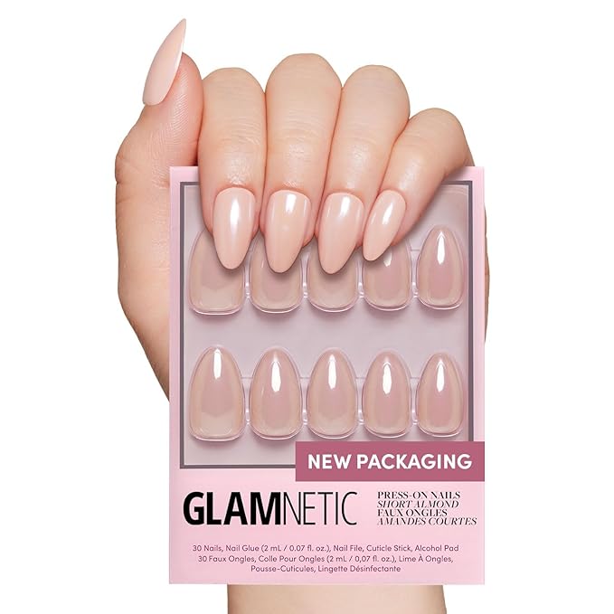 Glamnetic Press On Nails - Los Angeles Fake Nails | Solid Opaque Blush Nude Pink Short Almond Nails in Glazed Finish, Salon Quality | 15 Sizes - 30 Nail Kit with Glue
