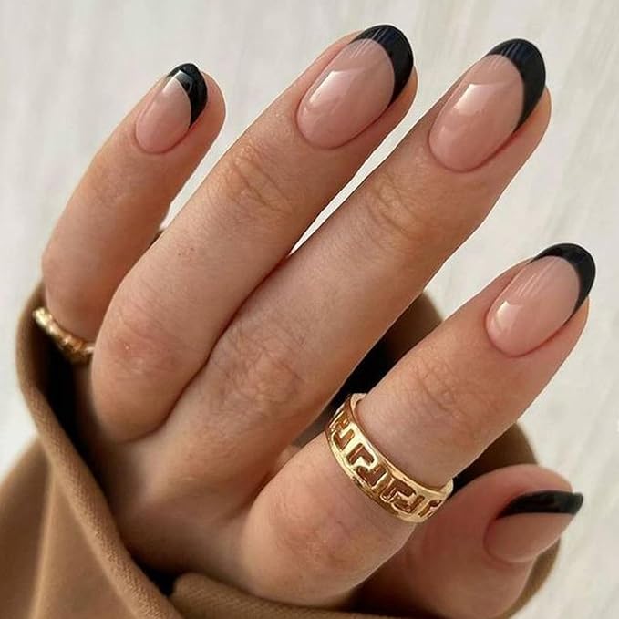 modelones Black French Tip Press On Nails, Short Oval Fake Nails Press Ons with Nail Glue, Adhesive Tabs, Nail File, Prep Pad, Manicure Stick, 32Pcs 16 Sizes, Women Girl Gift