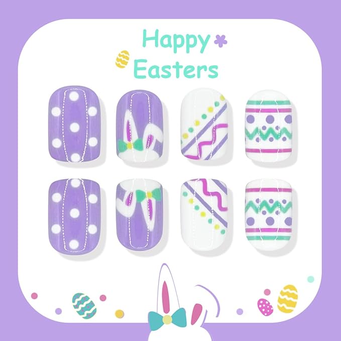 Purple Easter Press on Nails - Short Square Fake Nails with Cute Rabbit | Polka Dot | Colorful Easter Egg Designs False Nails Press ons Full Cover Stick on Nails Easter Nails for Women Manicure 24Pcs