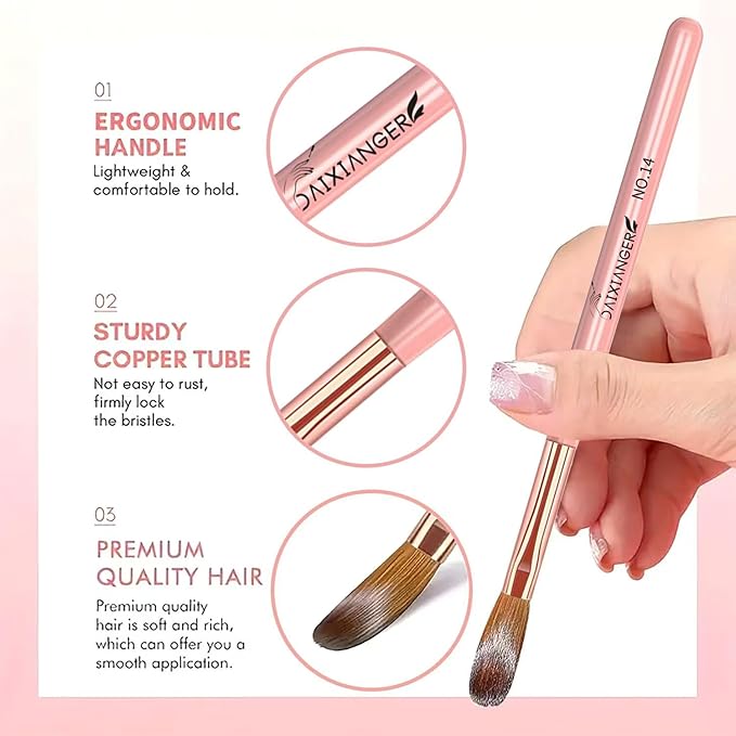 3PCS Rose Gold Acrylic Nail Brush Set,Size 8/10/14 Professional Nail Brushes for Acrylic Application Extension and 3D Carving for Nail Home Salon DIY
