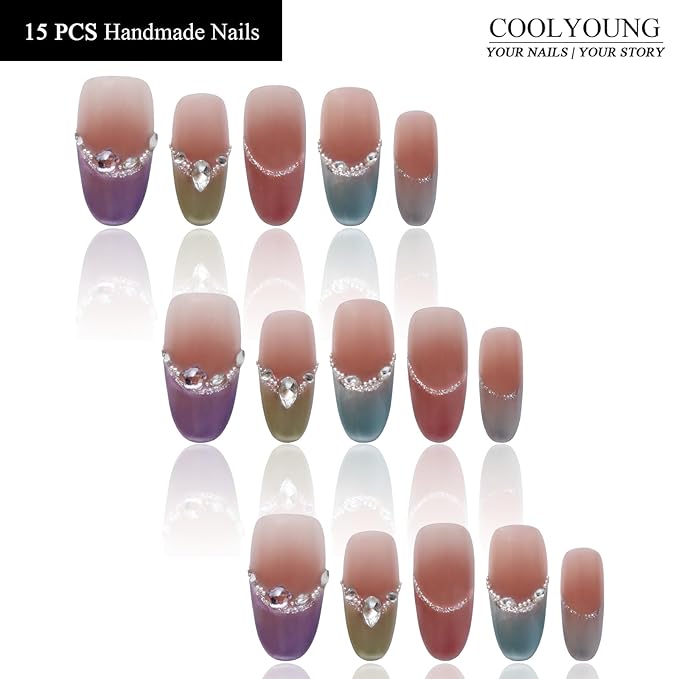 Handmade Acrylic Press On Nails Short Reusable Nails Fake Almond Colorful French Press On Nails Gifts For Women COOLYOUNG Artificial Nails, 15PCS, Size S
