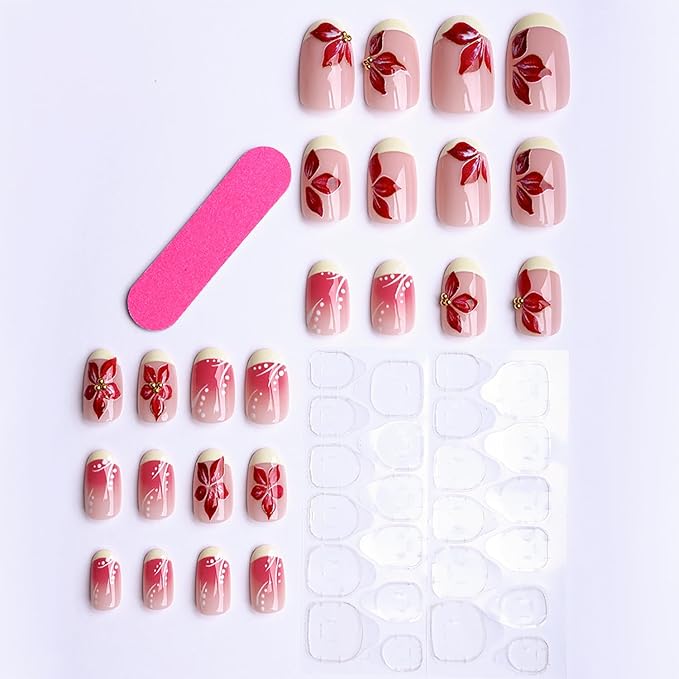 Press on Nails Short Oval MABKJLF Yellow French Tip Fake Nails Flower False Nails with Plumeria Floral Designs Ombre Glossy Glue on Nail Spring Summer Acrylic Nails for Women Girls 24Pcs