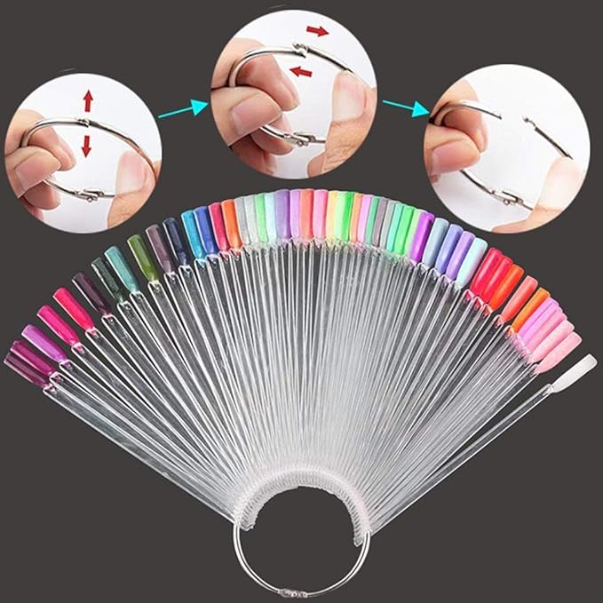 Qioly 3 Set Total 150 Tips, Fan-shaped False Nail Swatch Sticks with Ring, for Nail Art Color Display/Polish Practice, Clear + Beige + Black