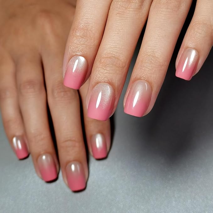 30 Pcs Pink Gradient Soft Gel Press on Nails Short Square Cats Eyes Fake Nails Designs Thickened False Nails with Glue Glossy Acrylic Nails Full Cover Stick on Nails for Women Nails Manicure