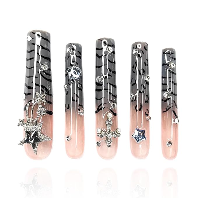 2025 Handmade Long Nails Reusable PMMA Acrylic Press on Nails Striped Gradient With Rhinestones Reusable Full Coverage Fake Nails Handmade Nails Ladies Fake Nail Set (Gradual Change, M)