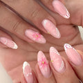 French Tip Press on Nails Medium Almond Fake Nails Flower False Nails Glossy Full Cover Nails Press Ons with Pearl Design Nude White Glue on Nail DIY Acrylic Stick on Nail for Women 24Pcs