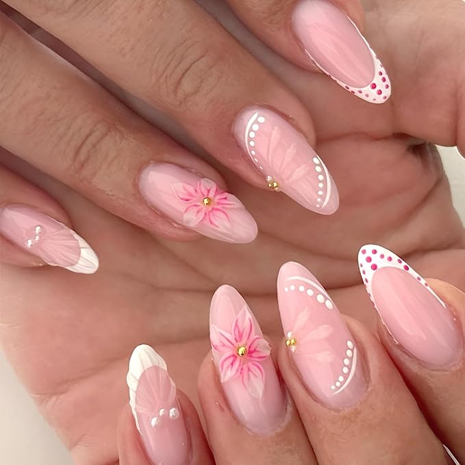 French Tip Press on Nails Medium Almond Fake Nails Flower False Nails Glossy Full Cover Nails Press Ons with Pearl Design Nude White Glue on Nail DIY Acrylic Stick on Nail for Women 24Pcs