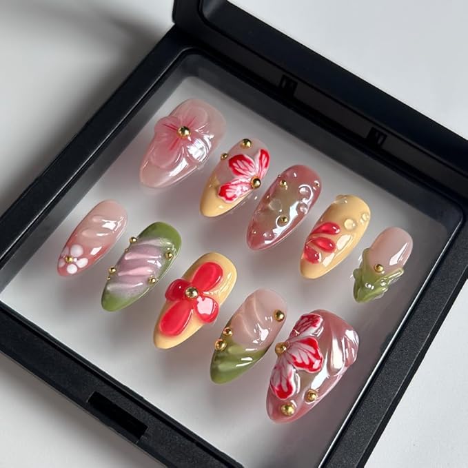 10 Pcs Handmade Press on Nails Medium Almond Fake Nails French Tip False Nails with 3D Floral Design Summer Thick Acrylic Nails Press ons Reusable False Nails for Women (L)