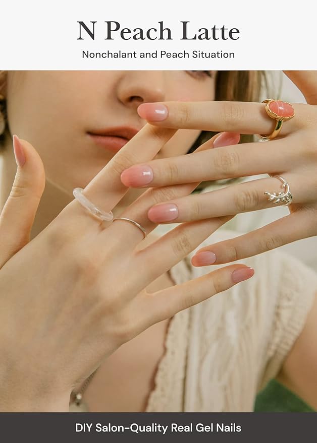 ohora Semi Cured Gel Nail Strips (N Peach Latte) - Pink, Jelly, Works with Any UV/LED Lamps, Salon-Quality, Long Lasting, Easy to Apply & Remove - Includes 2 Prep Pads, Nail File & Wooden Stick