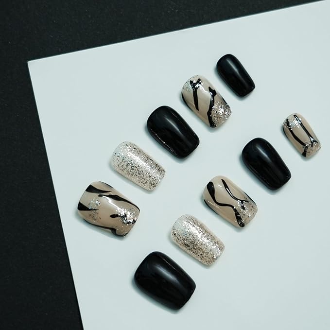 Marble Press on Nails, Handmade Short Coffin Black White 3D Glossy Acrylic Fake Nails Zebra Print with Silver Glitter Effects for Modern Art Nails (Zebra Stripe,L)