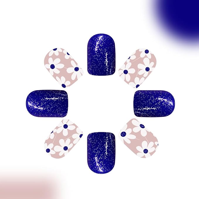 Blue Press on Nails Short Square Fake Nails Flower False Nails Spring Summer Press ons with Floral Designs Reusable Acrylic Nails Glossy Full Cover Artificial Stick on Nails for Women Manicure 24 Pcs