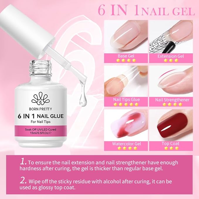 Born Pretty Nail Glue for Press on Nails, Blooming & Rhinestone - Quick Dry Nail Adhesive for Tips, 6 in 1 Gel Nails Glue Nail Art Design and DIY Extensions for Home Salon