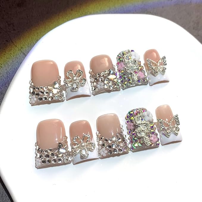Flower Press on Nails Short Duck False Nails 3D Luxury Handmade Fake Nail with Rhinestone Butterfly Design Full Cover Thicked Acrylic Nail White French Tip Stick on Nails for Women (Size S)