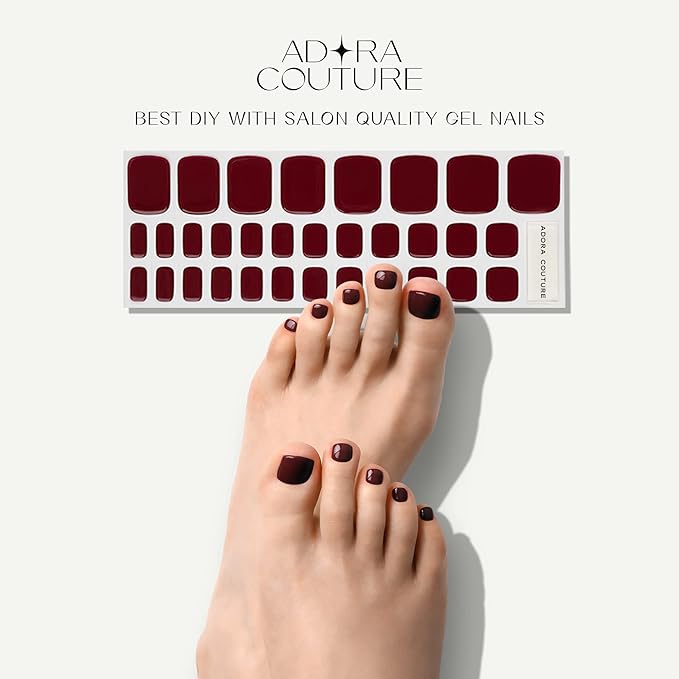 Semi Cured Gel Nail Strips – 32 Pcs Gel Pedicure Stickers - UV Nail Wraps for Toenails, Easy Application, Long Lasting, Salon Quality & UV Light Required - Dark Red P