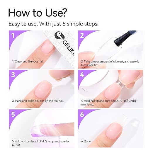 Gelike EC Gel Nail Glue for Beginners: 6 in 1 Strong Adhesive UV Nail Glue Press On Natural Acrylic Nail Tips for Salon Manicurist DIY Hema-Free Vegan 9 Toxics-Free Quick Dry Soak Off Low-Odor