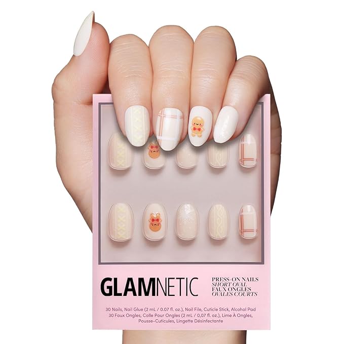 Glamnetic Press On Nails – Gingerbread Knit | Short Oval Fake Nails with 3D Gingerbread Sweater Design, Glossy & Matte Finish, Salon Quality Holiday Nails | 15 Sizes, 30 Nail Kit