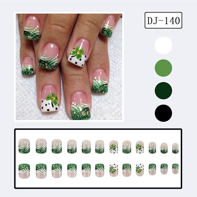 24Pcs St. Patrick's Day French Tip Press on Nails Short Square Fake Nails Green Shamrock Glitter Nail Tips Glue on Nails Irish Clover Nails Design Acrylic False Nails for Women Manicure Accessories