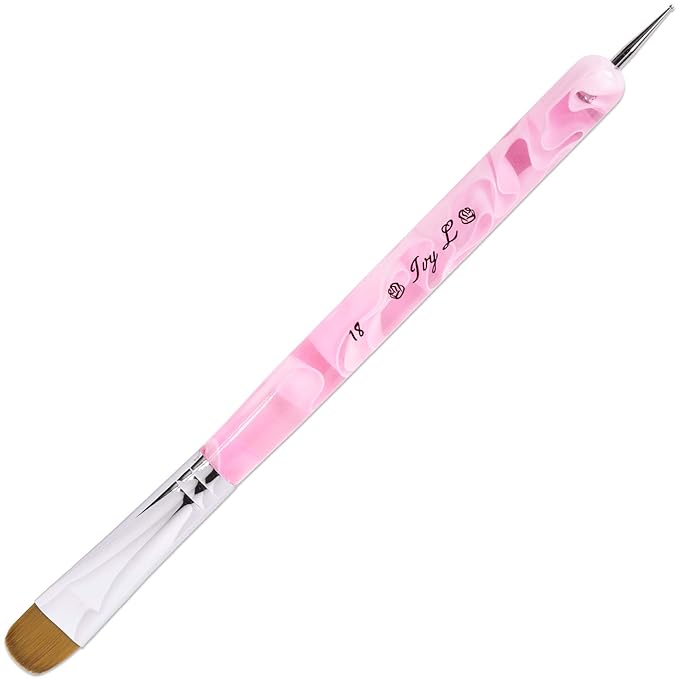 Ivy L Premium 2 Way French Gel Acrylic Nail Art Kolinsky Brush with Dotting Tool for Professional Manicure Cuticle Clean up Nail Art Design (Size # 18, Pink Marble)