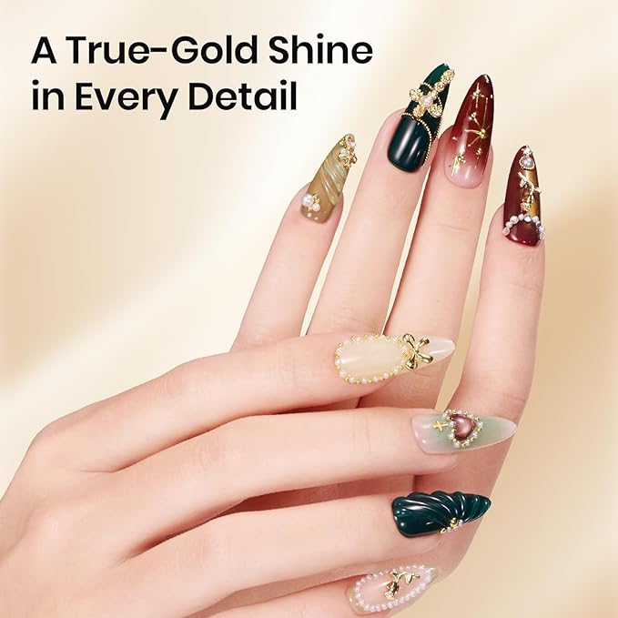 Beetles Gold Nail Charms Set 54PCS Metallic Nail Art Tools Bows Cross Butterfly Heart Pearl and Flowers 3D Nails Charms and Gems for Nails Art Design Gold Metal Manicure Accessories