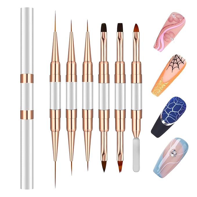 Double-Ended Acrylic Nail Art Liner Brushes, 6Pcs Gel Polish Nail Art Design Pen Painting Tools Set For Nails, Dotting Drawing Tool Polygel Brush for Long Lines, Thin Details, Fine Drawing