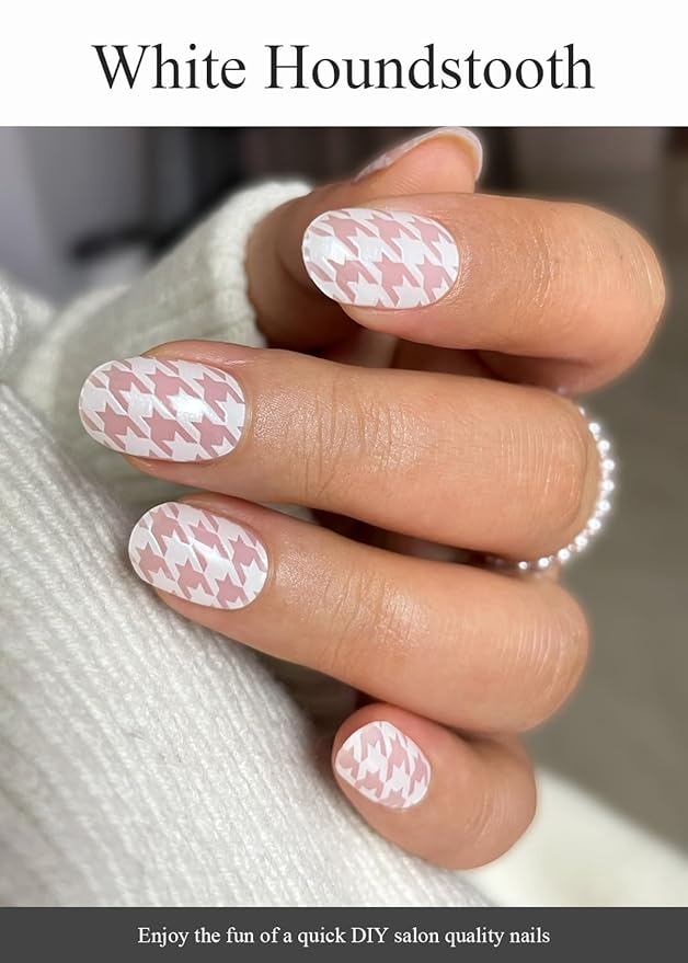 Semi Cured Gel Nail Strips (White Houndstooth), 20 Pcs Gel Nail Wraps, Stickers, UV Light Required, Salon Quality, Long Lasting