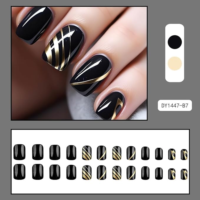 Press On Nails: Medium Square Dark Black False Nails with Gold Line Design, Glossy Full Cover Stick On Acrylic Artificial Nails for Women's Manicure, 24Pcs