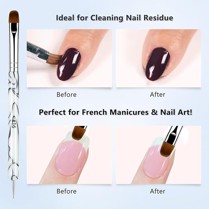 French Manicure Brush Set with Dotting Tools, Double-Ended Nail Art Brushes for Gel & Acrylic, Precision Clean Up & Detail Design, 4 Sizes (#10#12#14#16), NB128-White