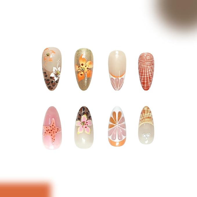 Medium Press on Nails Almond Fake Nails French Artificial Nail Flowers and 3D Embossed Stick on Nail for Women 24pcs
