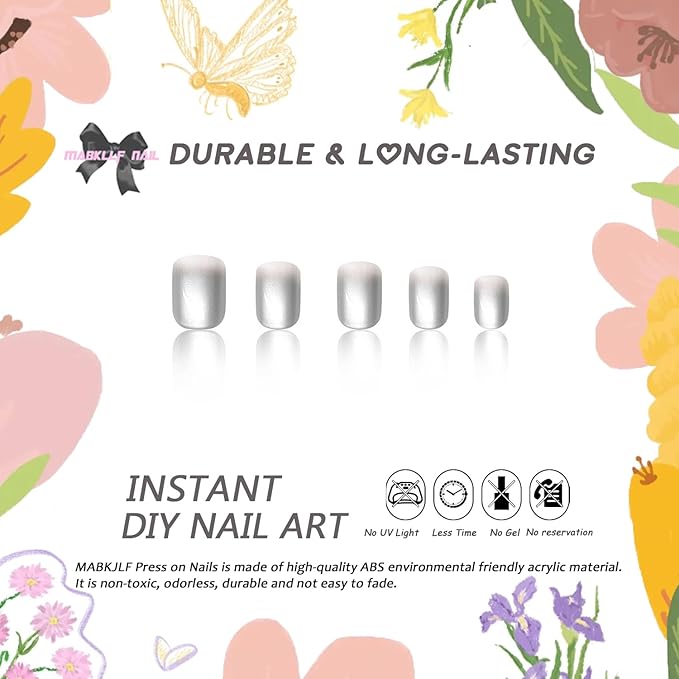 Chrome Press on Nails Short Square MABKJLF Fake Nails White Gradient False Nails with Designs Silver Mirror Full Cover Glossy Glue on Nails Acrylic Nails for Women Girls 24 Pcs