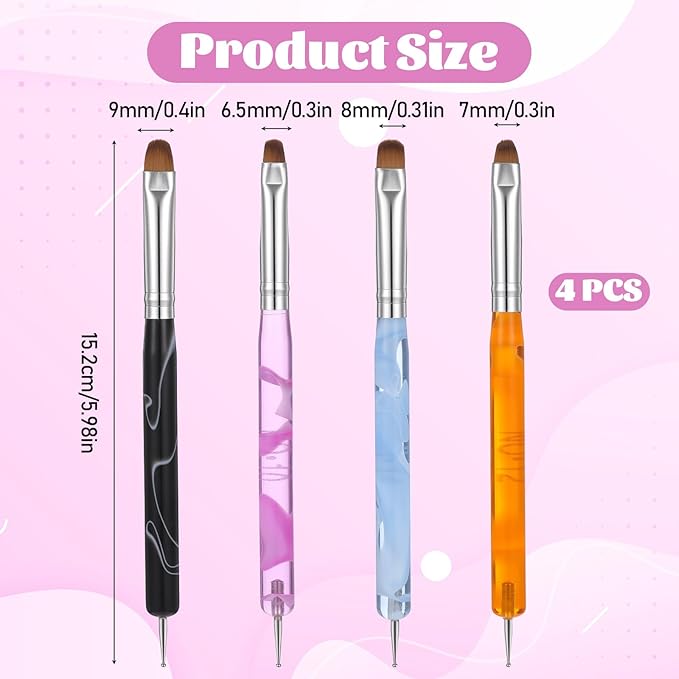 Jeffdad 4 Pcs Gel Nail Brush French Gel Acrylic Nail Art Brush with Dotting Tool Professional Manicure Brush Small Detail Painting 3D Acrylic Brushes (10# 12# 14# 16#, 4 Colors)