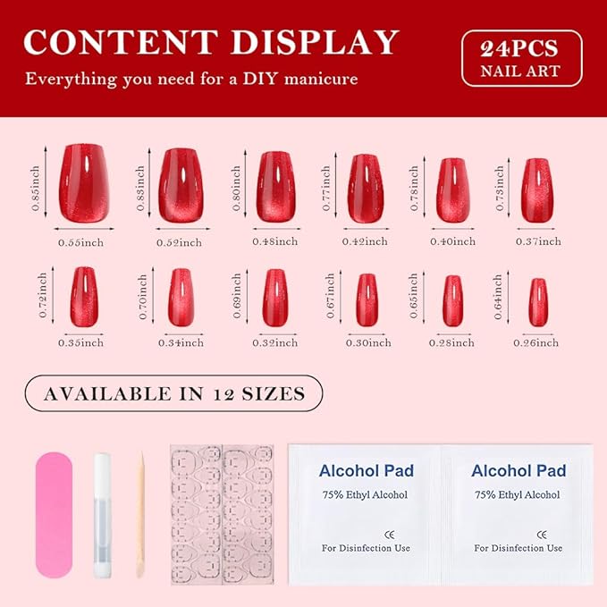 evpct Red Cat Eye Press on Nails Square Medium Coffin, Medium Square Stick on Nails for Women Gift, Red Metallic Glitter Glossy Reusable Spring Summer Soft Gel Press on Acrylic Fake Nail with Designs