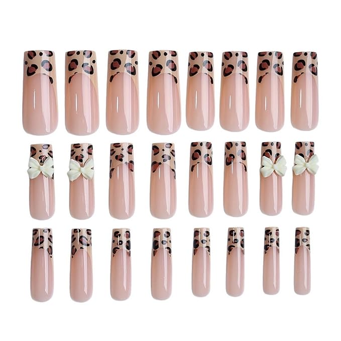 French Tip Press on Nails Long Square MABKJLF Fake Nails False Nails with Leopard Print Bow Charms Designs Fall Glossy Glue on Nail Autumn Acrylic Nails for Women Girls 24Pcs