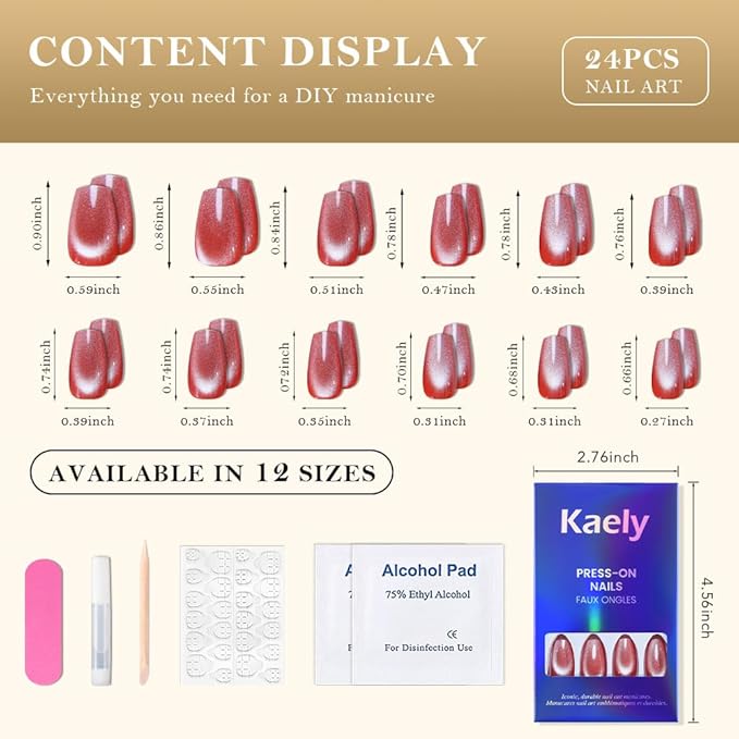 evpct Red Pink Cat Eye Coffin Press on Nails Square Medium, Medium Square Stick on Nail for Women Gift, Red Pink Metallic Glitter Glossy Reusable Summer Soft Gel Press on Acrylic Fake Nail with Design