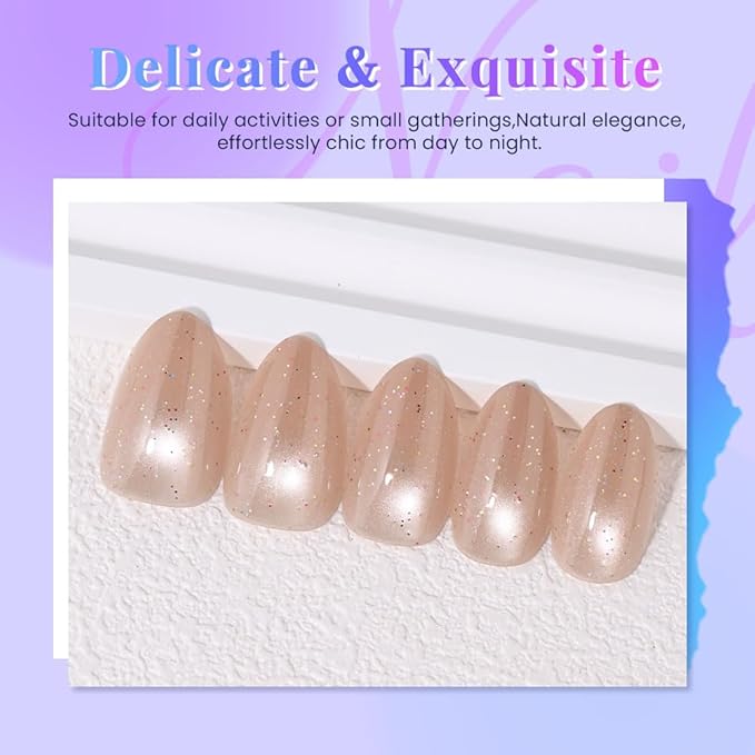 Light Brown Press On Nails Short Oval Cute Shimmer Acrylic Fake Nails, Jelly Glossy Full Cover Glue on Nail For Reusable Fall Artificial Stick on Nails for Salon Quality Nail Women 24 Pcs