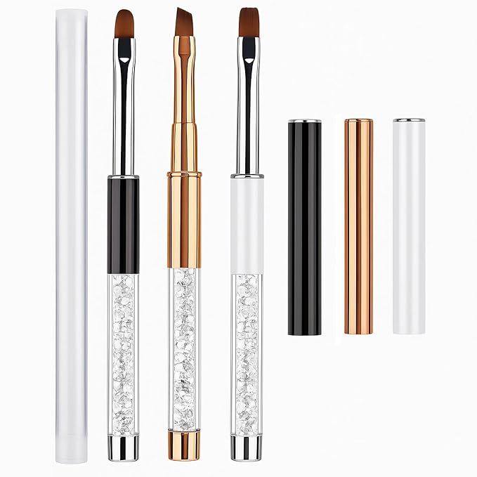 3Pcs Gel Nail Brush Set – Oval, Flat & Angled Tips, Rhinestone Handle Nail Art Design Brushes with Protective Caps, UV Gel Acrylic Builder Brush Kit for Manicure – Black, White, Gold