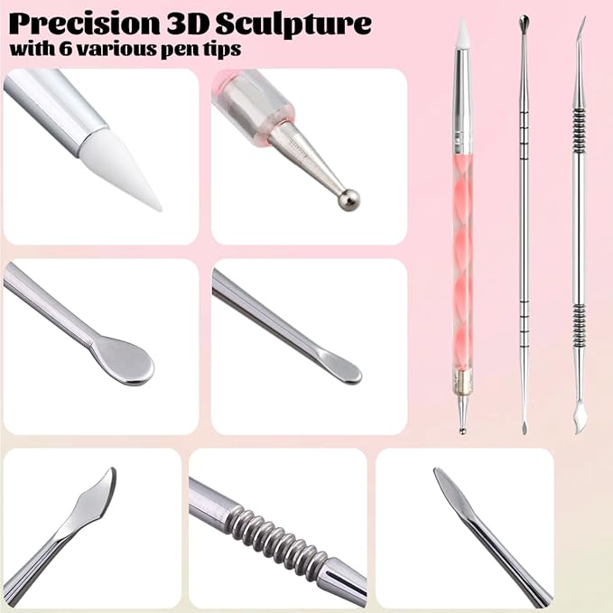 Nail Art Sculpture Pen, 3PCS Double-head Stainless Steel 3D Gel Art Sculpting Pens Dotting Tools Acrylic Powder Flower Design Carving Modeling for Builder Gel Chrome Powder Applicator Manicure