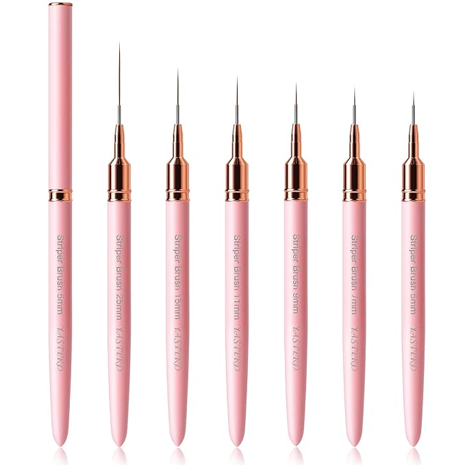 Yasterd Pink Metal Handle Nail Art Brushes, 6pcs Striper Set for Long Lines, Thin Details, Fine Drawing, Delicate Coloring, Elongated Lines, Sizes 5/7/9/11/15/25mm