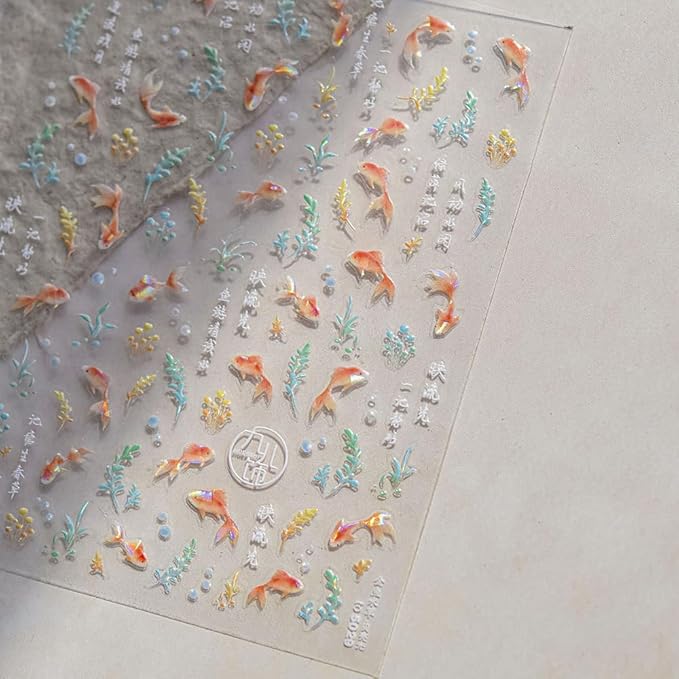 2Sheets Holographic Koi Fish and Lotus Flower Nail Art Stickers, Clear Transparent Design, Iridescent Effect