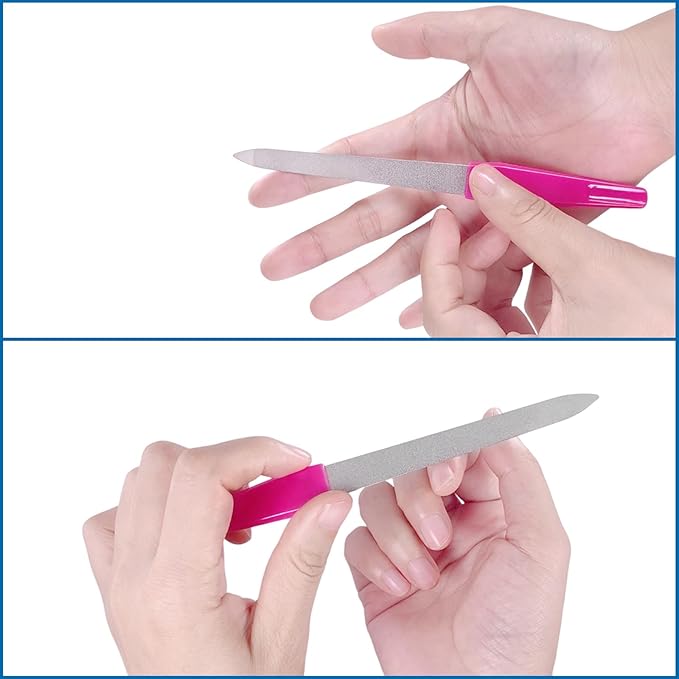 Metal Nail Files with Sharp Pointed Tip Made of Stainless Steel Non Slip Handle, Nail File Double Sided Sapphire Grit for Natural Nails Fingernails limas de uñas metálicas Color Pink (6 Pcs)