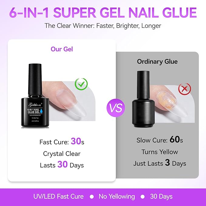Gelike EC Gel Nail Glue for Press On Nails: 6 in 1 Strong UV Nail Glue for Nail Tips and Acrylic Fake Nail - Long Lasting 28 Days Quick Dry - Beginner Friendly DIY for Home Salon
