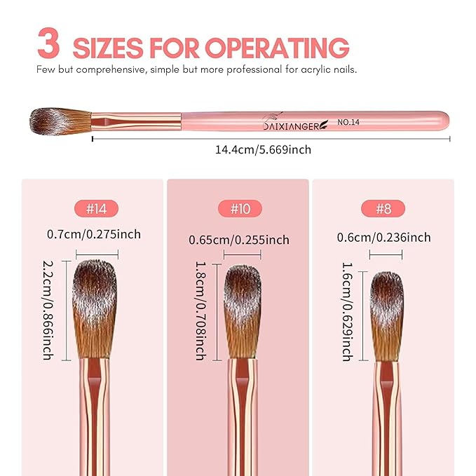 3PCS Rose Gold Acrylic Nail Brush Set,Size 8/10/14 Professional Nail Brushes for Acrylic Application Extension and 3D Carving for Nail Home Salon DIY