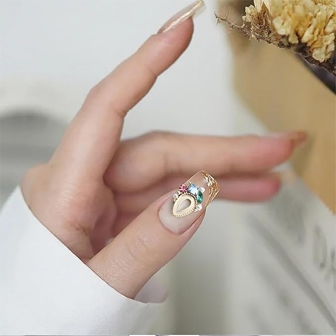 12 PCS Heart Diamond Frame Nail Charms - Sparkling Metal Nail Decorations for Korean Nail Art Designs