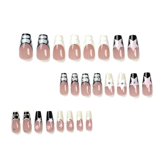 Press on Nails Long Coffin MABKJLF French Tip Fake Nails Nude Full Cover Y2K Press on Nails White Pink Star False Nails with Designs Rhinestone Glossy Manicure Glue on Nails for Women Girls 24Pcs