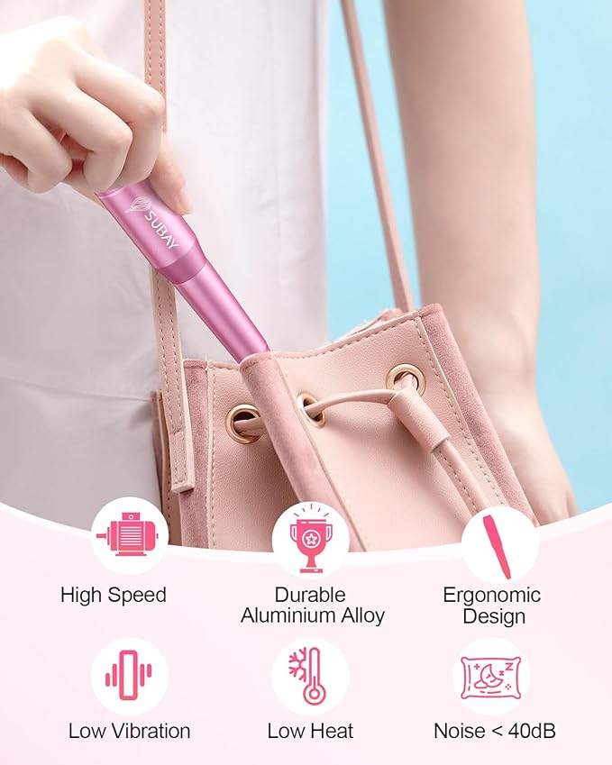 Subay Electric Nail Drill, Portable Electric Nail File for Acrylic Gel Nails, Manicure Pedicure Tool with 6 Bits and 26 Sanding Bands for Home and Salon Use - Pink