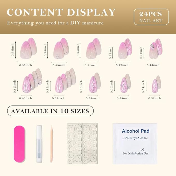 evpct Spring & Summer Press on Nails Medium Almond, Pearl White Pink Fake Nails Press ons with 3D Shell Design, Light Weight Perfectly Fit Nails for Women Gift, Fake Nail Kit with Kits Gel 24Pcs