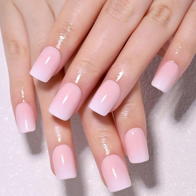 Pink White Ombre French Tip Press on Nails, Short Square Acrylic Fake Nails Design, Natural Reusable Nails Kit for Women DIY False Nail Art Decoration Gift, Salon Quality Reusable 15/30 Psc