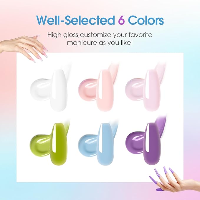 ROSALIND Poly Nail Gel, 6 Colors 0.34 oz/10 ml Poly Extension Gel Pink Blue Green Nail Enhancement Strong Builder Hard Gels for French Manicure Home Salon Design, Need U V/LED Lamp